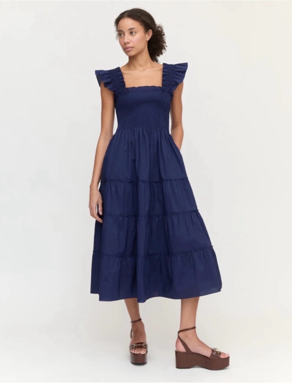 Hill House Ellie Nap Dress - Navy Ruffled-Sleeve Smocked Tiered Midi Dress